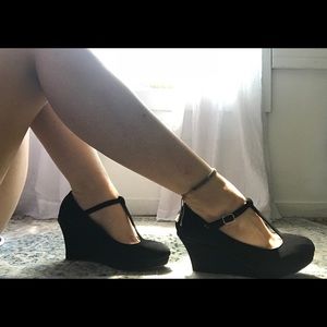 Black suede t-strap wedges